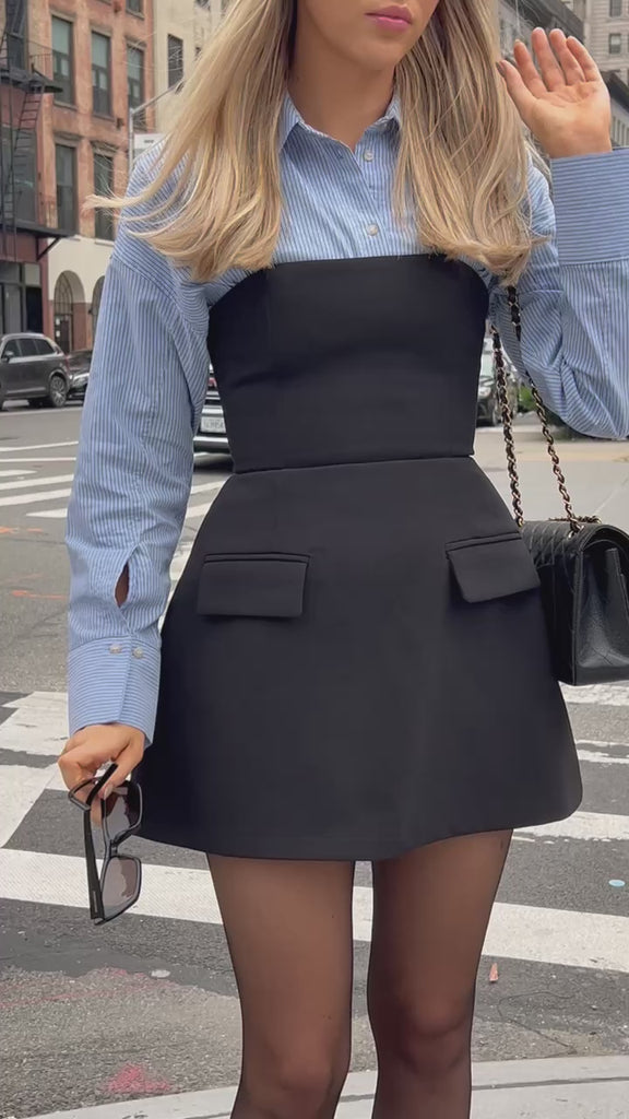 Elegant Structured Mini Dress for Women with Strapless Fit and Flare Flap Pocket Cocktail Style