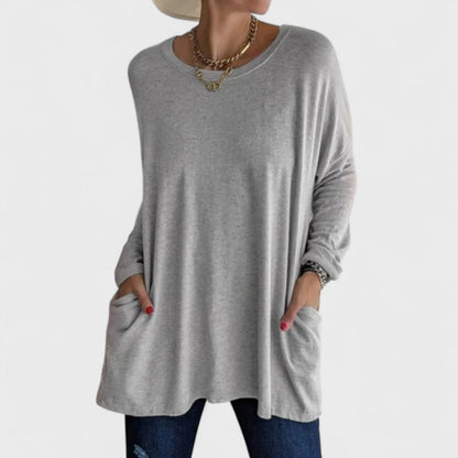 Effortless Oversized Tunic for Women with Crew Neck Long Sleeve Side Pocket Relaxed Style