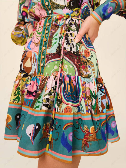 Effortless Multicolor Printed Mini Dress for Women with High Neck Balloon Sleeve Belted Tiered Bohemian Style