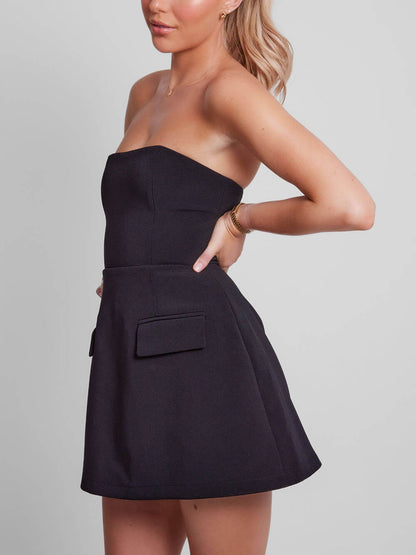 Elegant Structured Mini Dress for Women with Strapless Fit and Flare Flap Pocket Cocktail Style