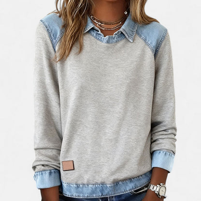 Effortless Denim Colorblock Sweatshirt for Women with Collar Long Raglan Sleeve Contrast Cuff Casual Style