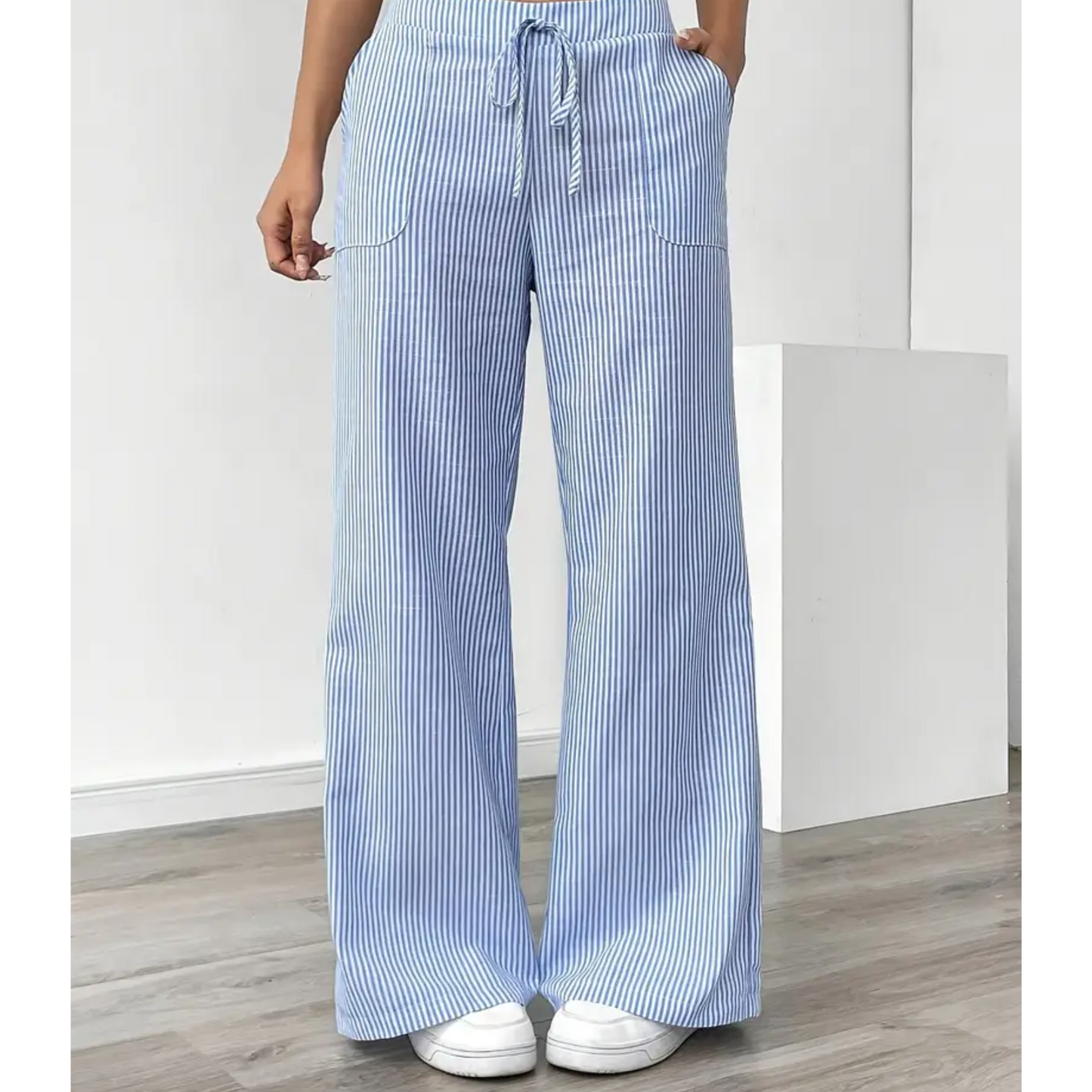 Effortless Striped Wide Leg Pants for Women with High Waist Drawstring Relaxed Casual Style