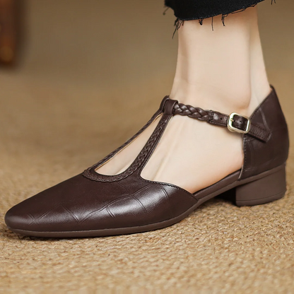 Elegant Croc Embossed Leather T-Strap Flats for Women with Pointed Toe Braided Strap Block Heel Style