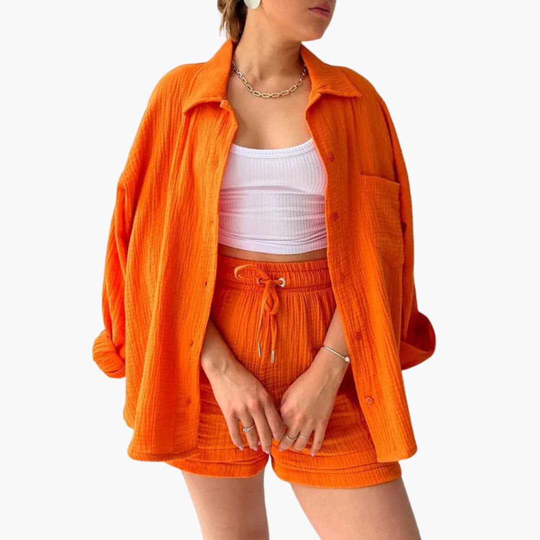 Effortless Crinkle Cotton Two Piece Set for Women with Collared Button Front Drawstring Shorts Relaxed Style