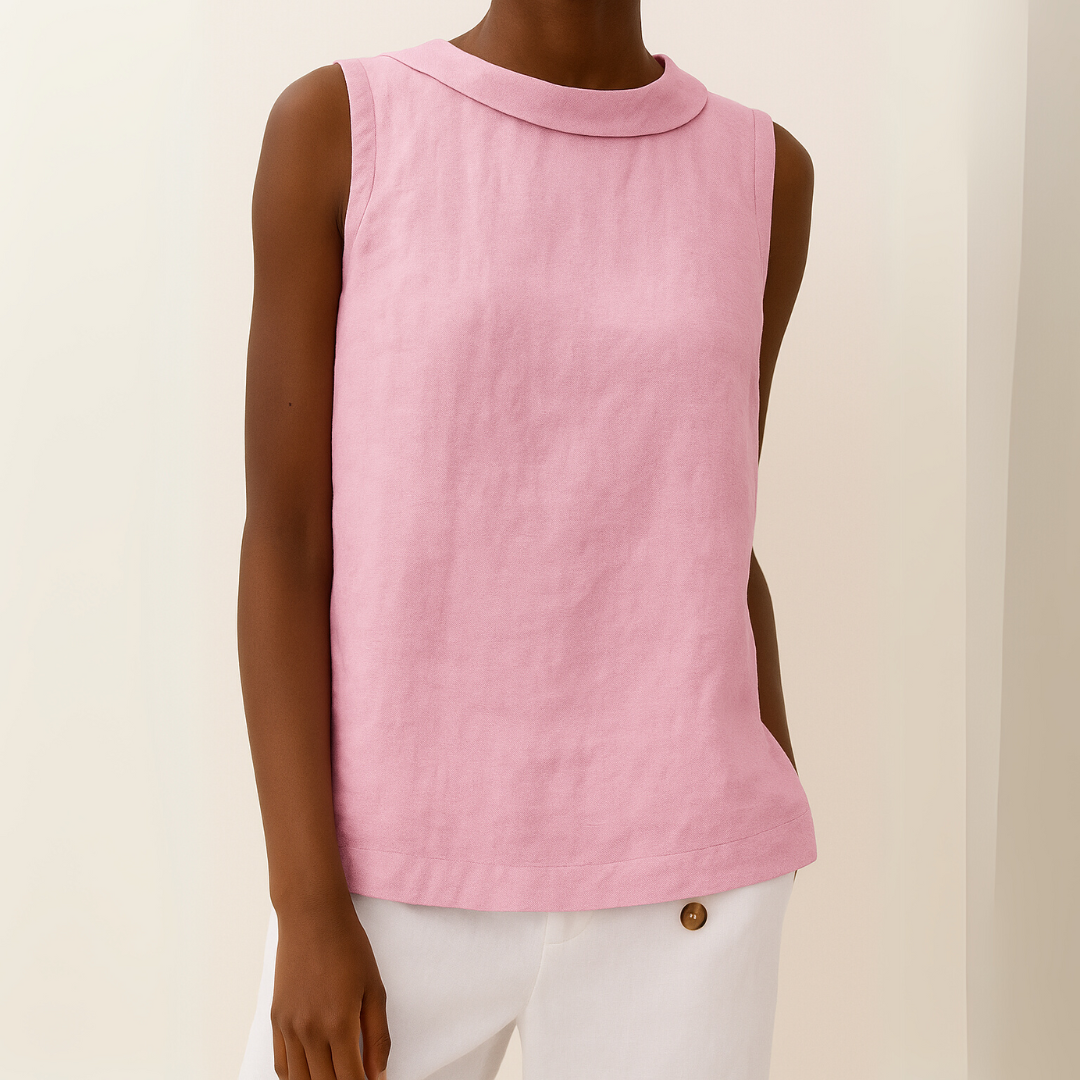 Effortless Linen Blouse for Women with Draped Collar Sleeveless Curved Hem Casual Style