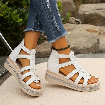 Comfortable Gladiator Sandals for Women with Caged Strap Espadrille Platform Zip Back Wedge Style
