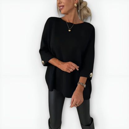 Comfortable Knit Sweater for Women with Round Neck Elbow Sleeve Button Cuff Oversized Style