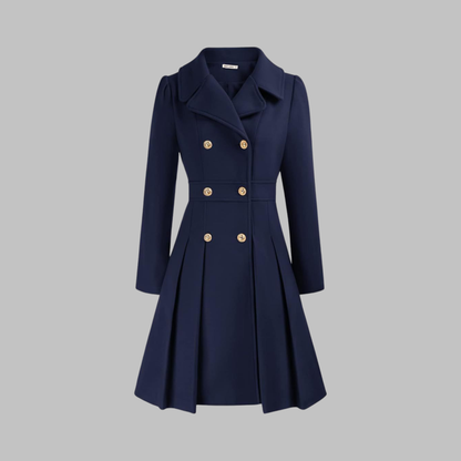 Elegant Wool Blend Pea Coat for Women with Notched Lapel Long Sleeve Double Breasted Pleated Fit and Flare Style