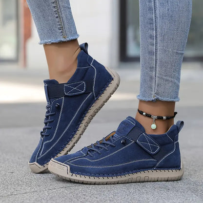 Comfortable Leather Fashion Sneaker for Women with Lace Up Velcro Strap Hand Stitched Casual Style