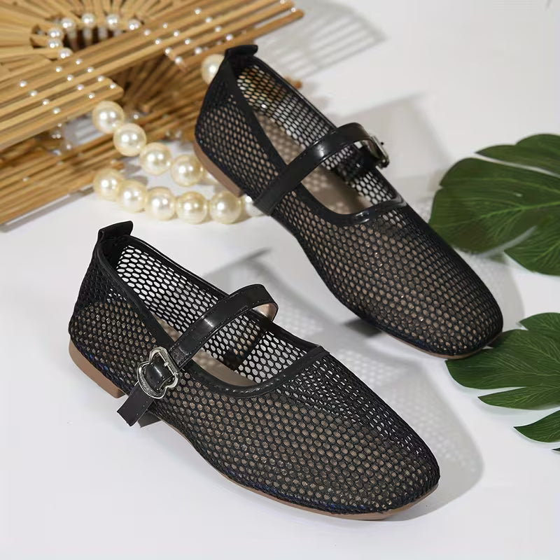 Comfortable Mary Jane Shoes for Women with Mesh Woven Buckle Strap Flat Style