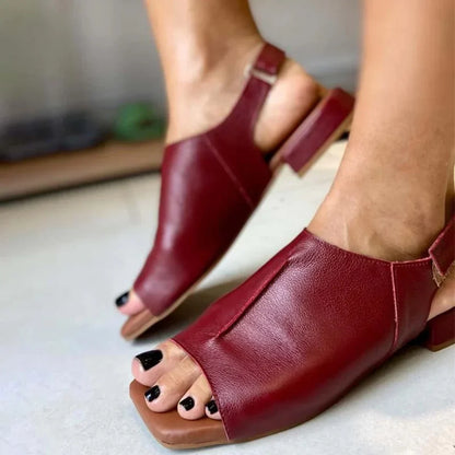 Comfortable Flat Sandals for Women with Peep Toe Slingback Strap Leather Look Minimalist Style