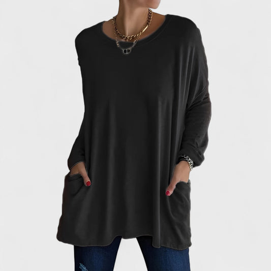 Effortless Oversized Tunic for Women with Crew Neck Long Sleeve Side Pocket Relaxed Style