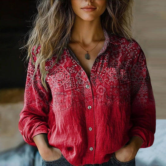 Effortless Printed Blouse for Women with Collar Long Sleeve Button Front Pocket Boho Style