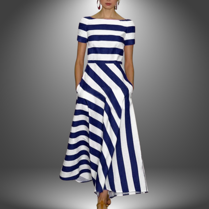 Elegant Striped Maxi Dress for Women with Boat Neck Short Sleeve Asymmetrical Hem Flowing Style
