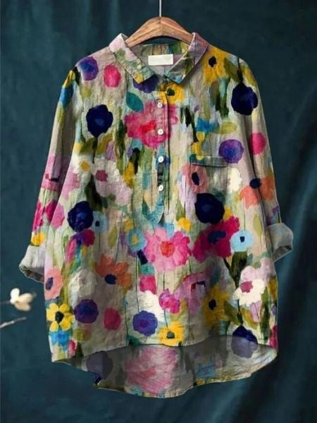 Effortless Floral Linen Blouse for Women with Collar Long Sleeve Button Front High Low Hem Style