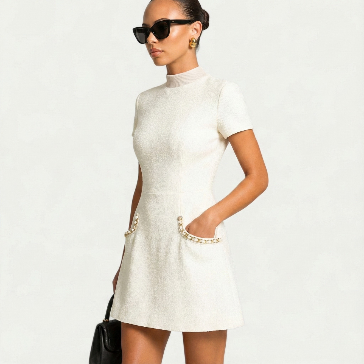 Elegant Tweed Mini Dress for Women with Pearl Embellished Neck Short Sleeve Bodycon Cocktail Style