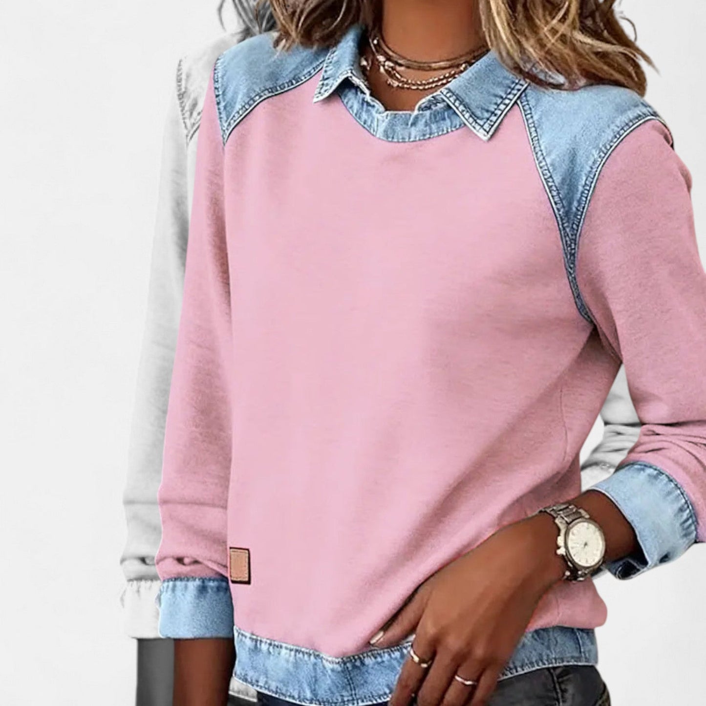 Comfortable Denim Trim Sweatshirt for Women with Layered Collar Long Sleeve Colorblock Casual Style