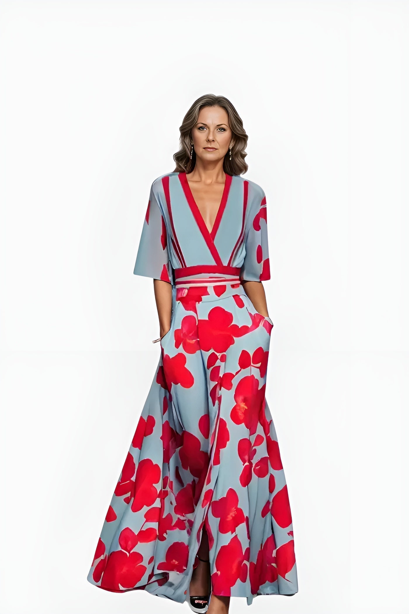 Elegant Blue Floral Jumpsuit for Women with Wrap V Neck Elbow Sleeve Wide Leg Belted Style
