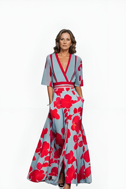 Elegant Blue Floral Jumpsuit for Women with Wrap V Neck Elbow Sleeve Wide Leg Belted Style
