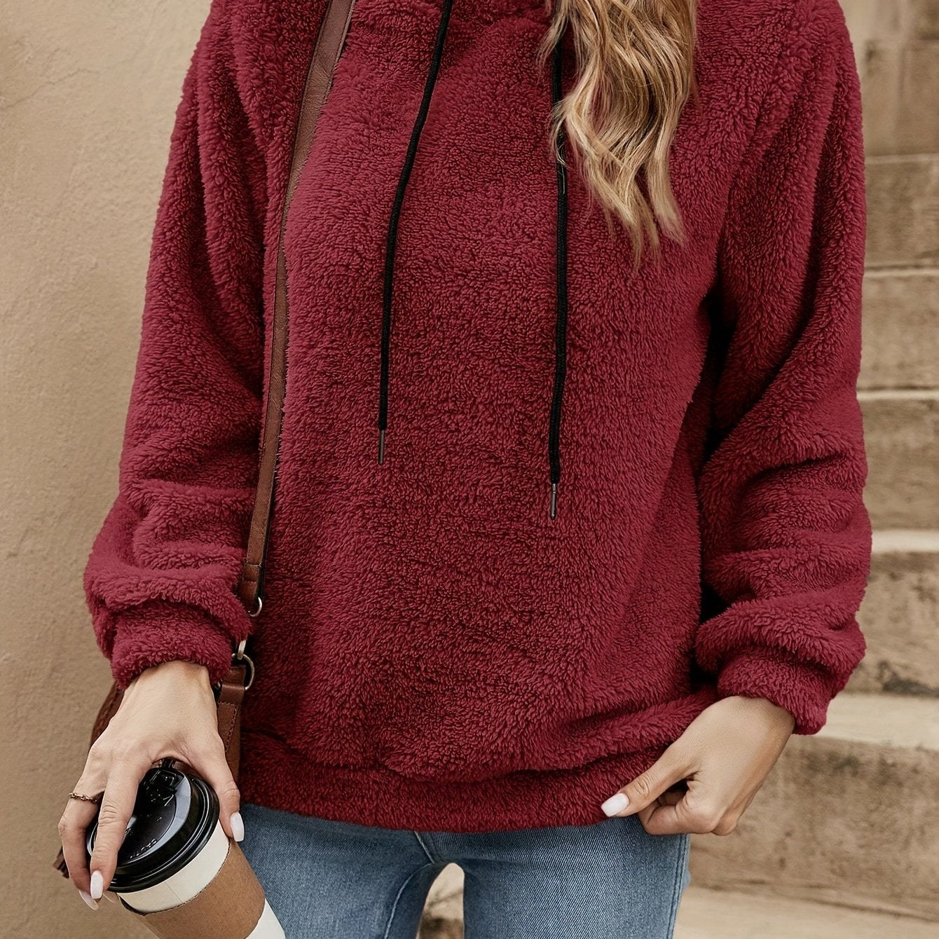 Comfortable Sherpa Fleece Hoodie for Women with Drawstring Hood Long Sleeve Relaxed Oversized Knit Style