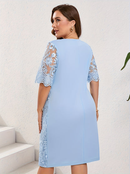 Elegant Embroidered Lace Midi Dress for Women with Round Neck Half Sleeve Bodycon Cocktail Style