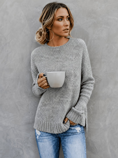 Comfortable Heathered Knit Sweater for Women with Crew Neck Long Sleeve Bell Cuff Oversized Relaxed Style