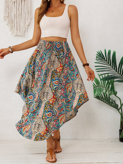 Effortless Multicolor Paisley Maxi Skirt for Women with High Waist Drawstring Asymmetrical Hem Bohemian Style