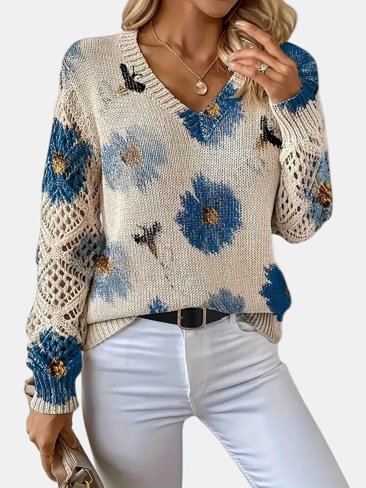 Comfortable Floral Crochet Sweater for Women with V Neck Balloon Sleeve Lace Panel Oversized Knit Style