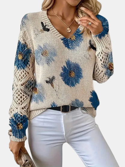 Comfortable Floral Crochet Sweater for Women with V Neck Balloon Sleeve Lace Panel Oversized Knit Style