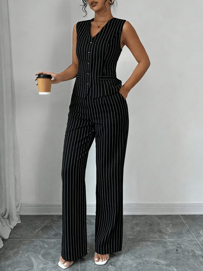 Elegant Grey Pinstripe Two Piece Set for Women with V Neck Button Front Waistcoat Wide Leg Pant Formal Style