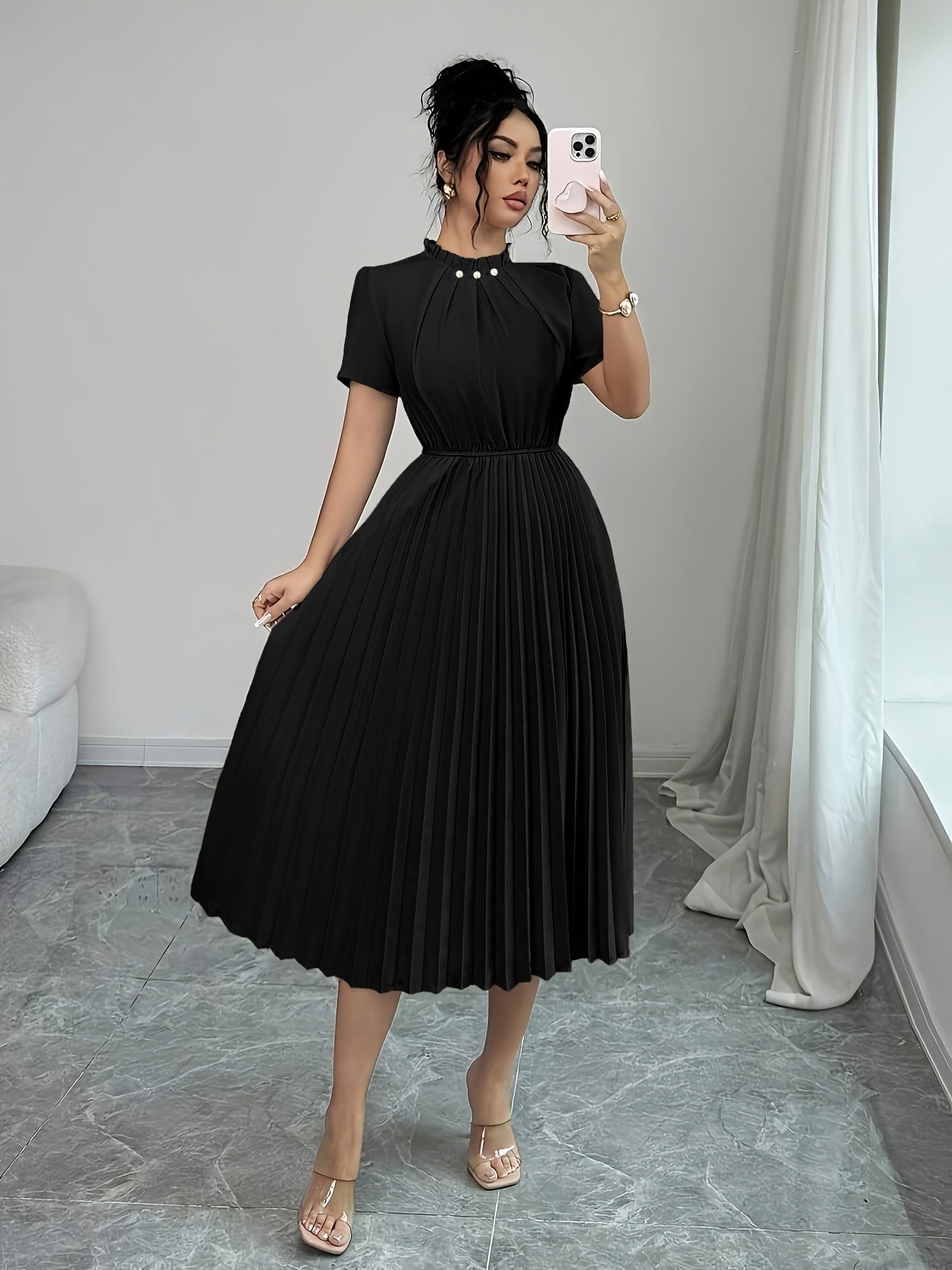 ZLLZ Trendy Summer New Style Women'S Solid Color Teardrop Back Collar Light Luxury Pearl Button Decoration with Waist-Cinching Pleated A-Line Design, Fashionable And, Women'S Fashion Dress Party Elegant Style Dress