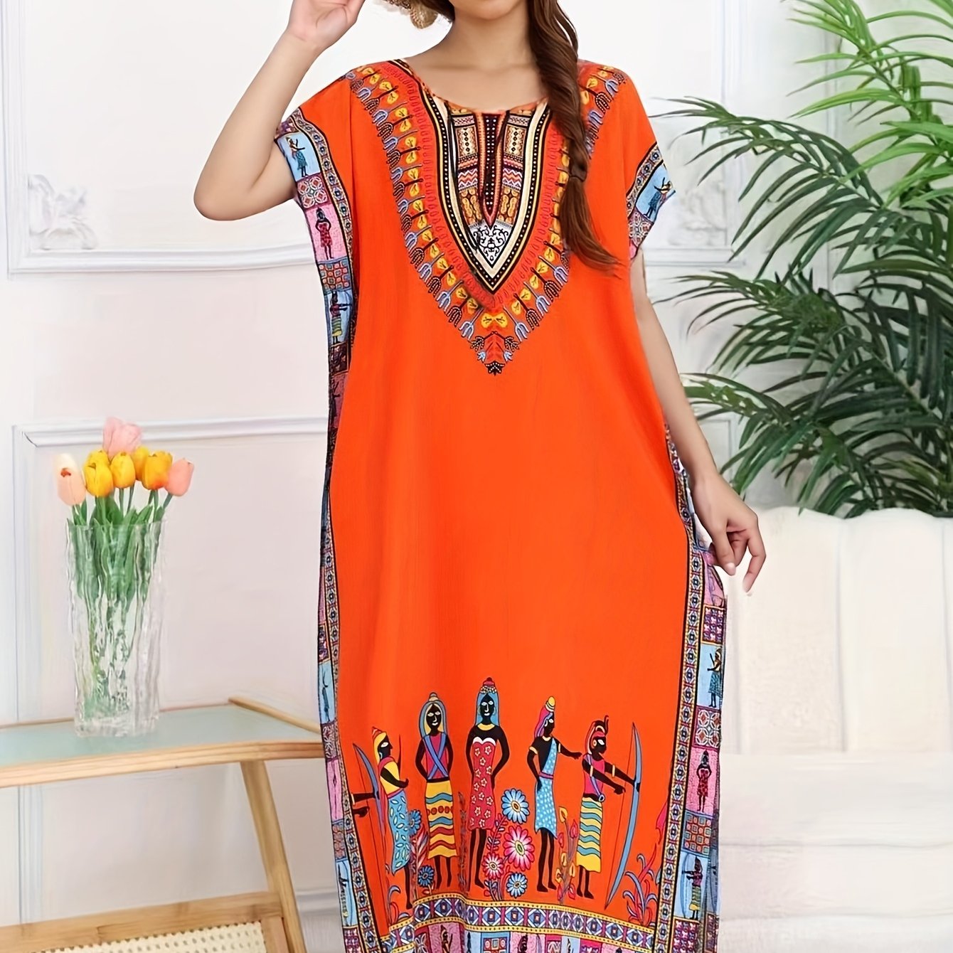 Effortless Tribal Print Kaftan Dress for Women with V Neck Short Sleeve Flowing Bohemian Style