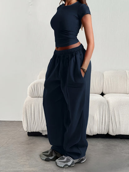 Effortless Wide Leg Sweatpants for Women with High Waist Elastic Pocket Relaxed Baggy Casual Style