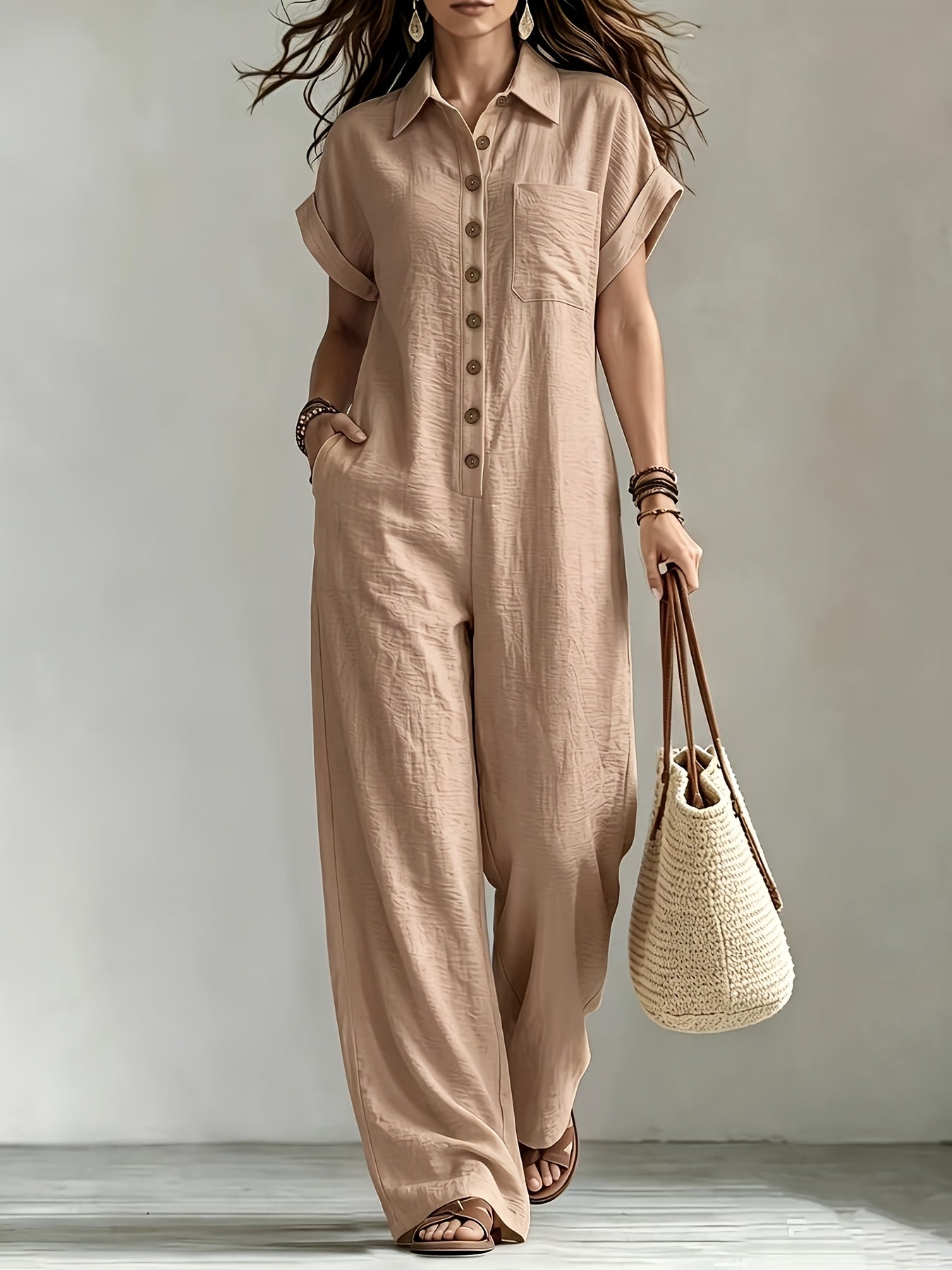 Women'S Summer Short Sleeve Jumpsuit, Collared Single-Row Button Loose Straight Style, Casual Cargo Overalls, Loose Straight Drape Long Pants, Daily Commute Casual All-Match Fashion Comfortable
