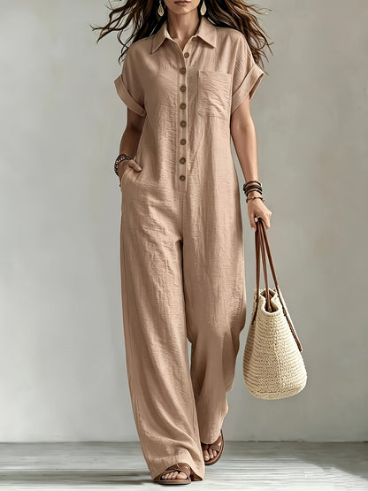 Women'S Summer Short Sleeve Jumpsuit, Collared Single-Row Button Loose Straight Style, Casual Cargo Overalls, Loose Straight Drape Long Pants, Daily Commute Casual All-Match Fashion Comfortable