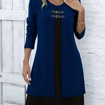 Comfortable Ribbed Knit Sweater Dress for Women with Round Neck Long Sleeve Buckle Detail Layered Style