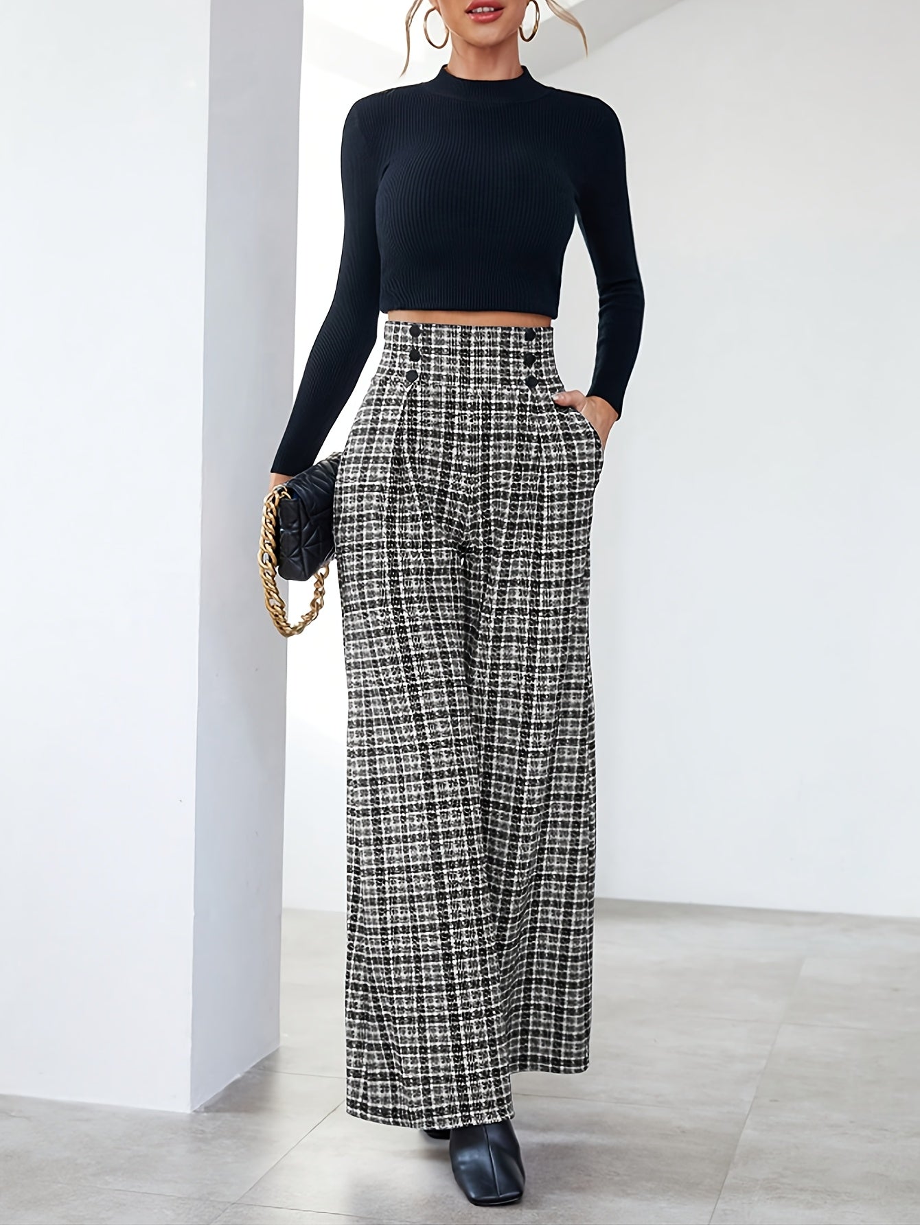 Elegant Plaid Tweed Wide Leg Pants for Women with High Waist Button Front Pleated Relaxed Style