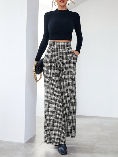 Elegant Plaid Tweed Wide Leg Pants for Women with High Waist Button Front Pleated Relaxed Style