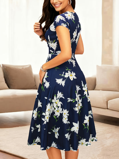 Western Foreign Trade Cross-Border Women'S V-Neck Vintage Ladies Casual Elegant Temperament Flared Knee-Length Pocket Dress