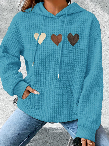 Comfortable Heart Print Waffle Knit Hoodie for Women with Hooded Long Sleeve Kangaroo Pocket Oversized Style