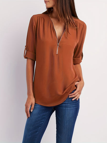 Effortless Zip Front Blouse for Women with V Neck Roll Tab Sleeve Relaxed Tunic Style