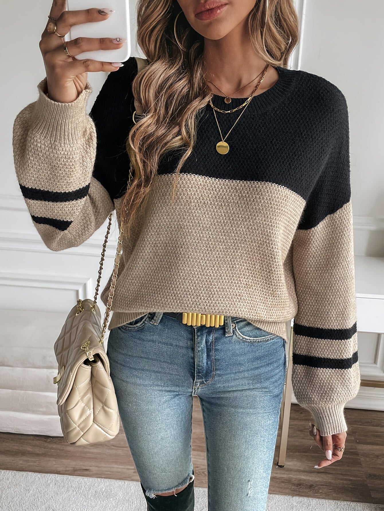 Women's Casual Two-Tone Color-Block Drop Shoulder Pullover Sweater - Soft Round Neck All-Season Versatile Top for Casual Attire, Cute Sweaters, Relaxed Outfit, Elegant Style, Durable Construction, Stylish Knitwear, Comfort Seekers