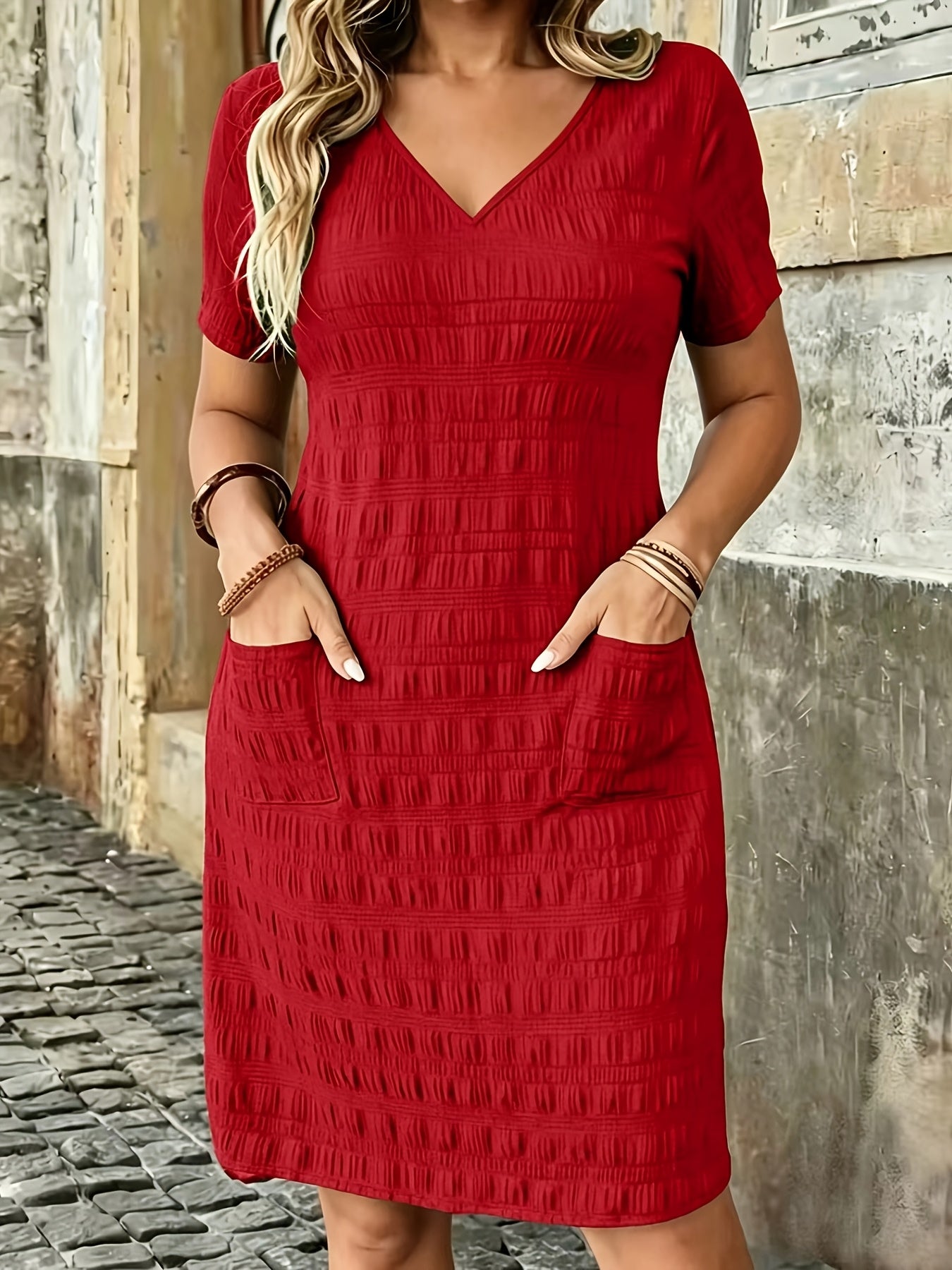 Plus Size Women'S Solid V-Neck Short Sleeve Dress, Pocket Style Summer Casual Dress