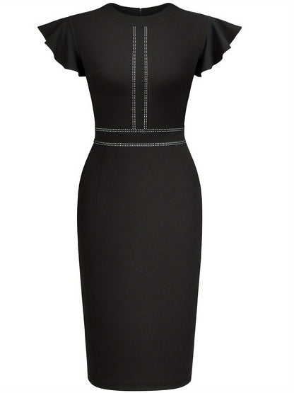 Elegant Sheath Dress for Women with Round Neck Flutter Sleeve Studded Bodycon Cocktail Style