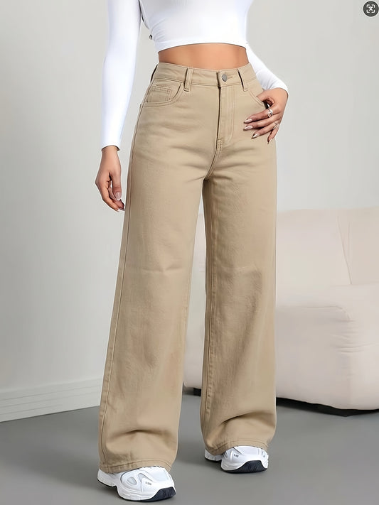 Effortless Khaki Wide Leg Jeans for Women with High Waist Button Front Relaxed Casual Style