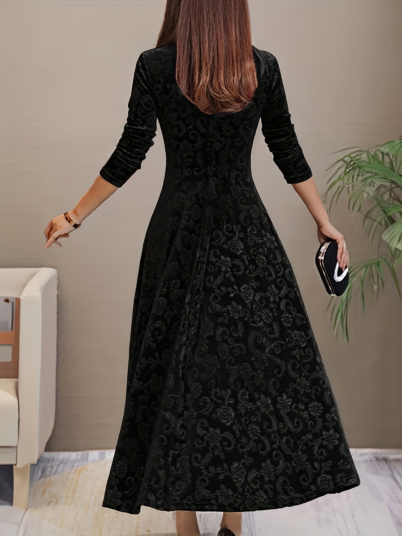 2025 Long Sleeve Velvet Jacquard Dress