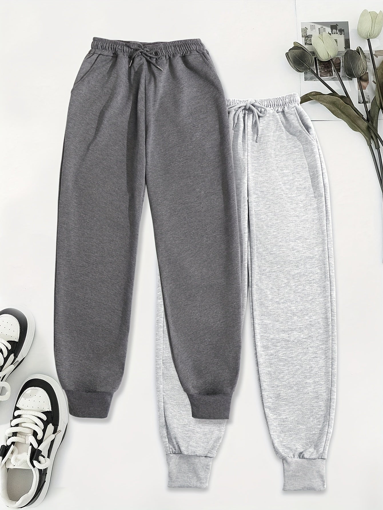 2pcs Women's Casual Jogging Pants - Soft and Comfortable Drawstring Waistband Sport Pants