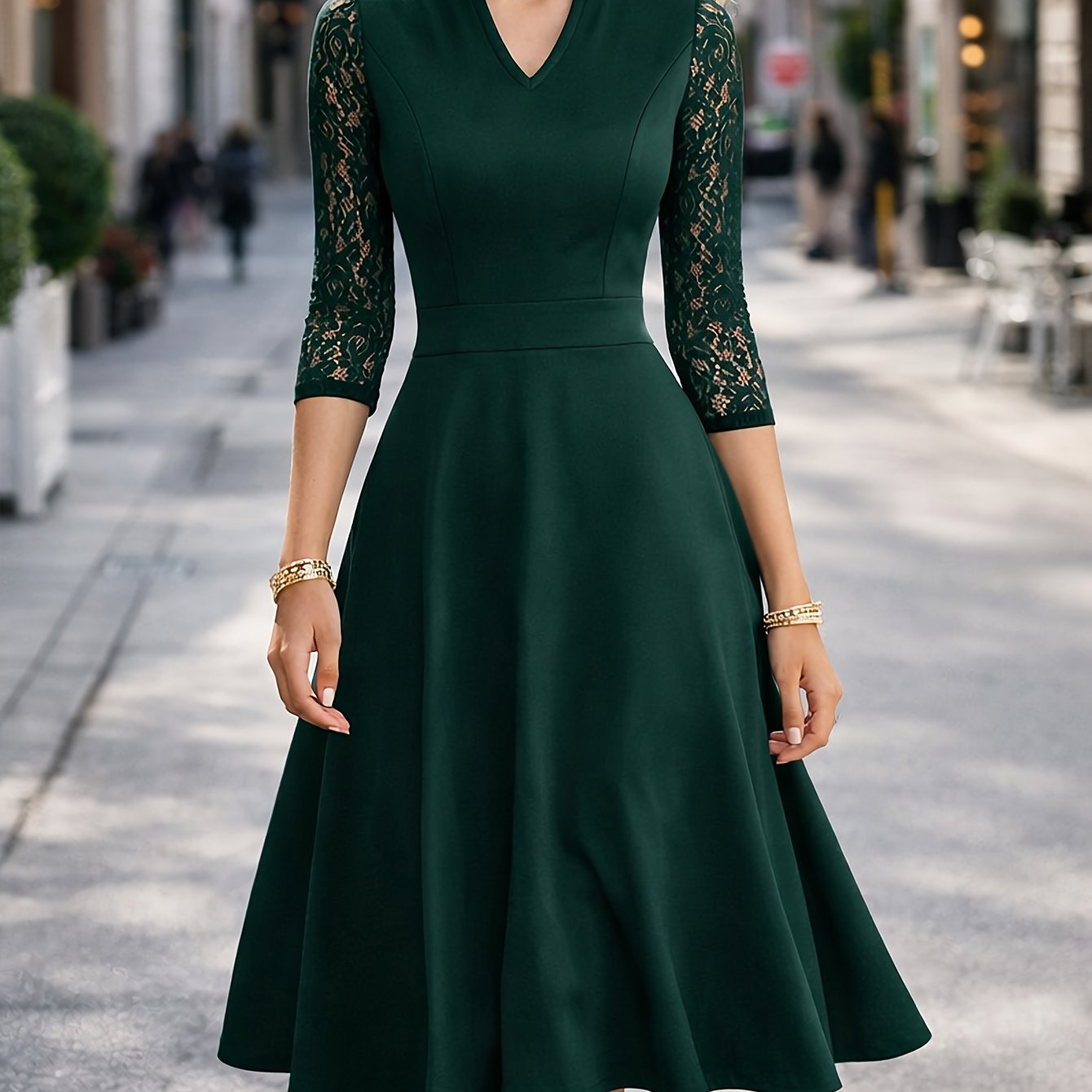 Elegant Lace Trim Midi Dress for Women with Notch Neck Three Quarter Sleeve Fit and Flare Cocktail Style