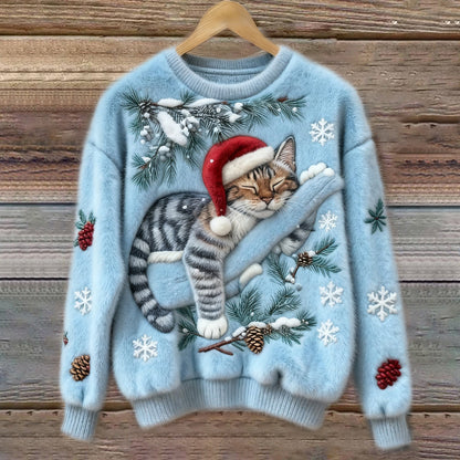 Comfortable Cat Print Sweater for Women with Crew Neck Long Sleeve Embroidered Snowflake Oversized Knit Style