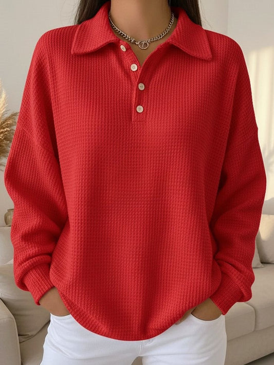 Effortless Waffle Knit Polo Sweater for Women with Collar Long Sleeve Button Placket Oversized Style